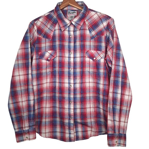 Wrangler Wrancher Shirt Women XL Western Pearl Snap Red Blue Plaid Rodeo Ranch - Picture 1 of 14